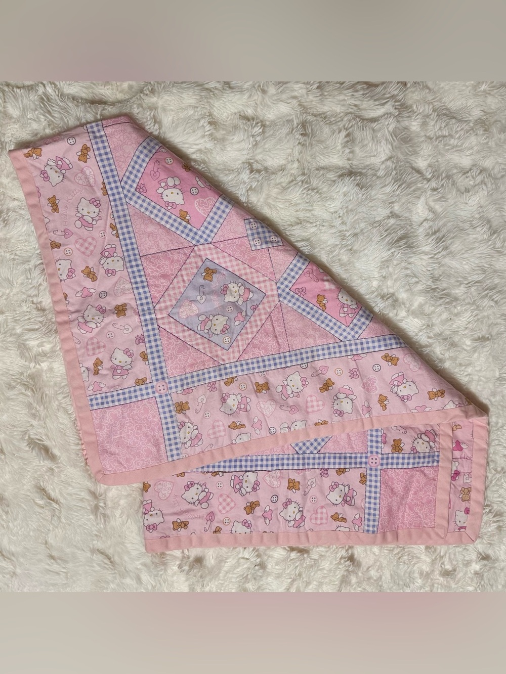 Vintage 2003 Hello Kitty Sanrio Handmade Baby Quilt Pink Y2K Blanket